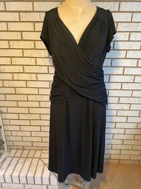 Classic Black Surplice Midi Dress with Draped Waist